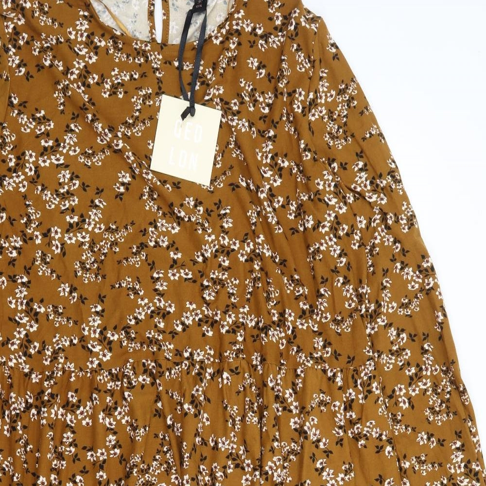 QED London Womens Brown Floral Polyester Fit & Flare Size L Round Neck Pullover