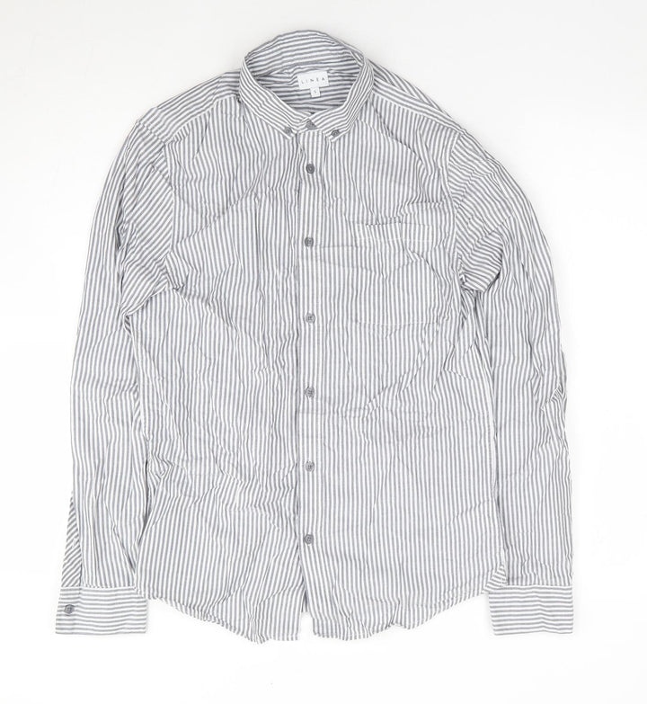 Linea Womens Blue Striped 100% Cotton Jersey Button-Up Size S Collared