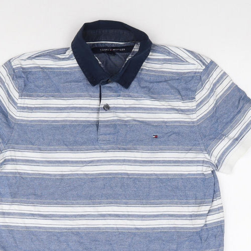Tommy Hilfiger Mens Blue Striped Cotton Polo Size S Collared Pullover