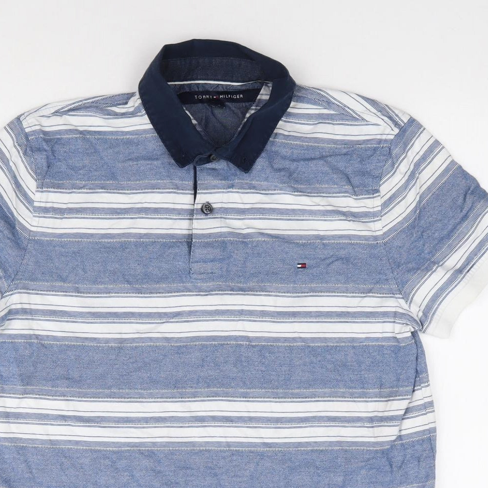 Tommy Hilfiger Mens Blue Striped Cotton Polo Size S Collared Pullover