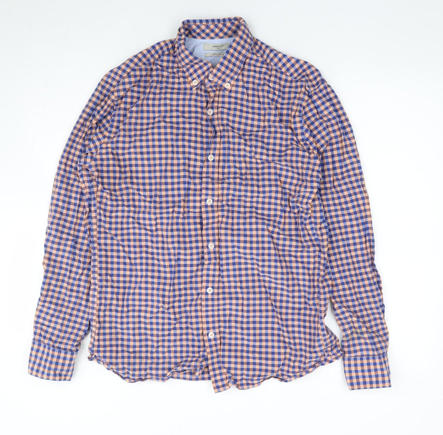 Mango Mens Blue Check Polyester Button-Up Size S Collared Button