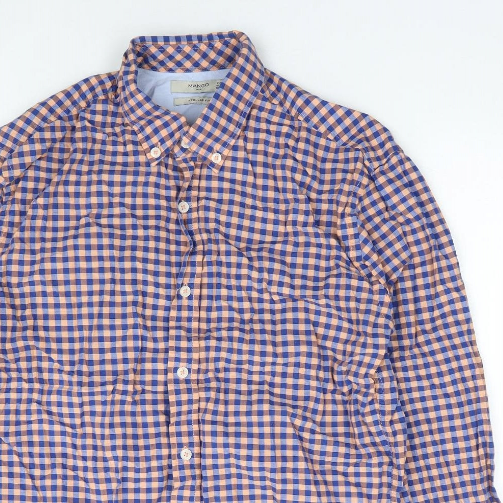 Mango Mens Blue Check Polyester Button-Up Size S Collared Button