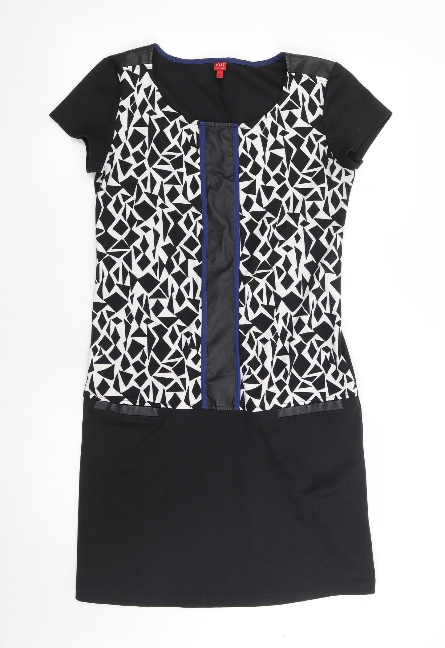 Miss Captain Womens Black Geometric Polyester A-Line Size 10 Round Neck Pullover