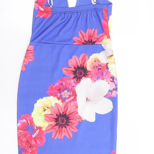Miss Look Womens Blue Floral Polyester Bodycon Size 8 V-Neck Pullover