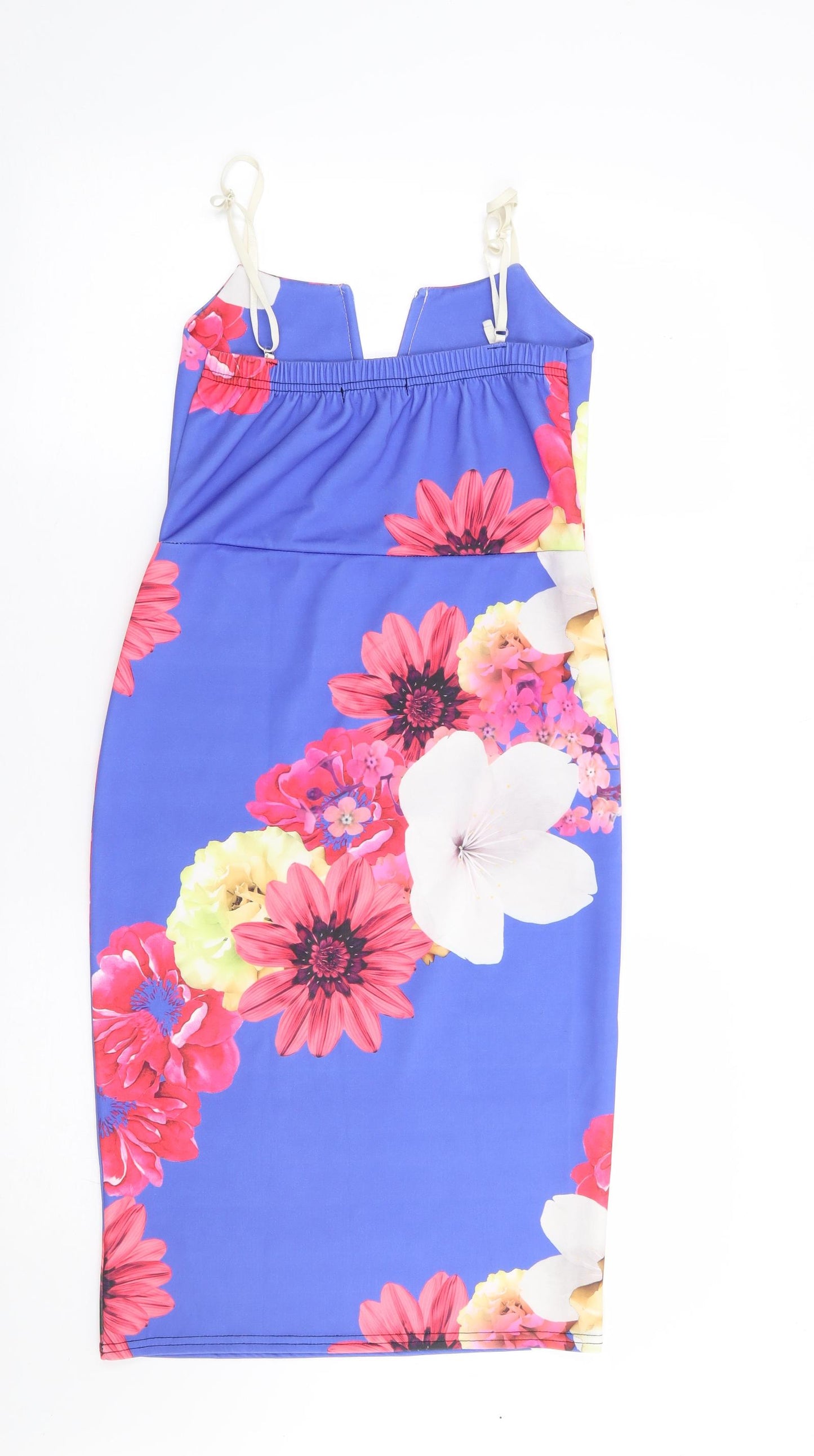 Miss Look Womens Blue Floral Polyester Bodycon Size 8 V-Neck Pullover