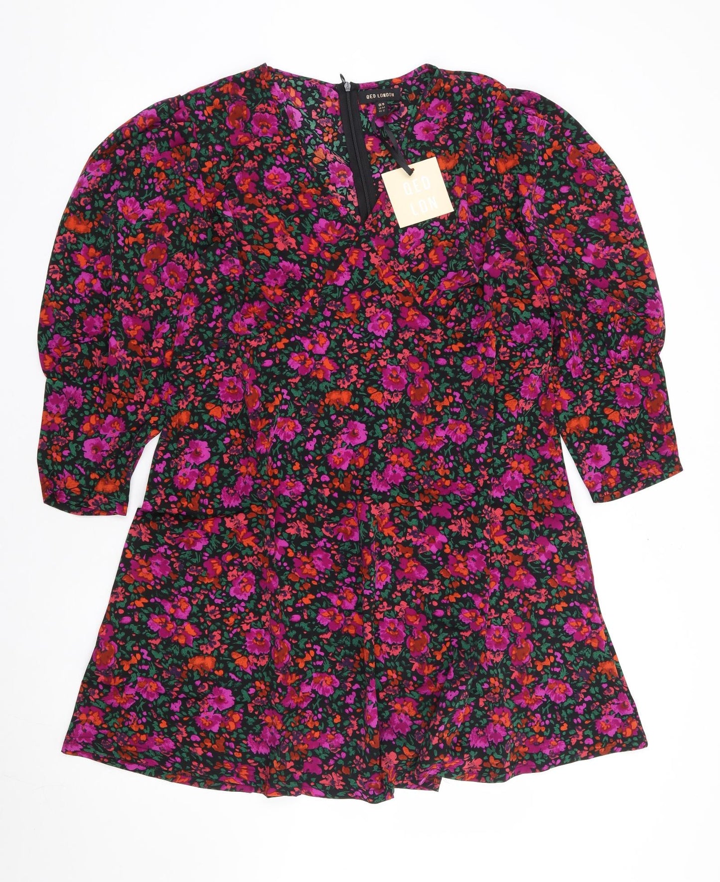 QED London Womens Multicoloured Floral Polyester Fit & Flare Size 16 V-Neck Zip