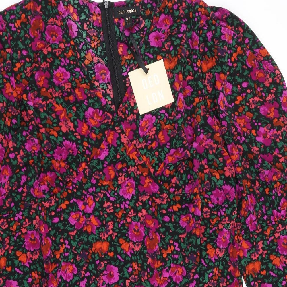 QED London Womens Multicoloured Floral Polyester Fit & Flare Size 16 V-Neck Zip