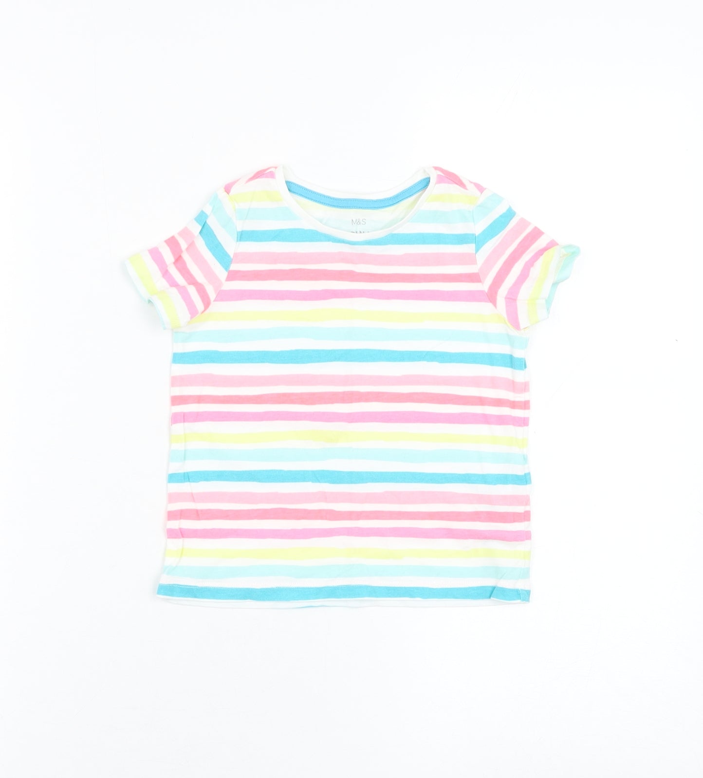 Marks and Spencer Girls White Striped Cotton Basic T-Shirt Size 3-4 Years Round Neck Pullover