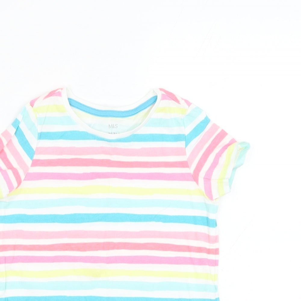 Marks and Spencer Girls White Striped Cotton Basic T-Shirt Size 3-4 Years Round Neck Pullover