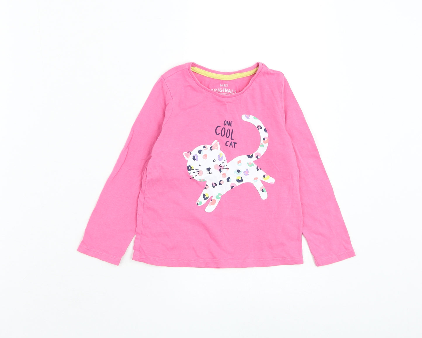 Marks and Spencer Girls Pink Cotton Basic T-Shirt Size 3-4 Years Round Neck Pullover - Cat