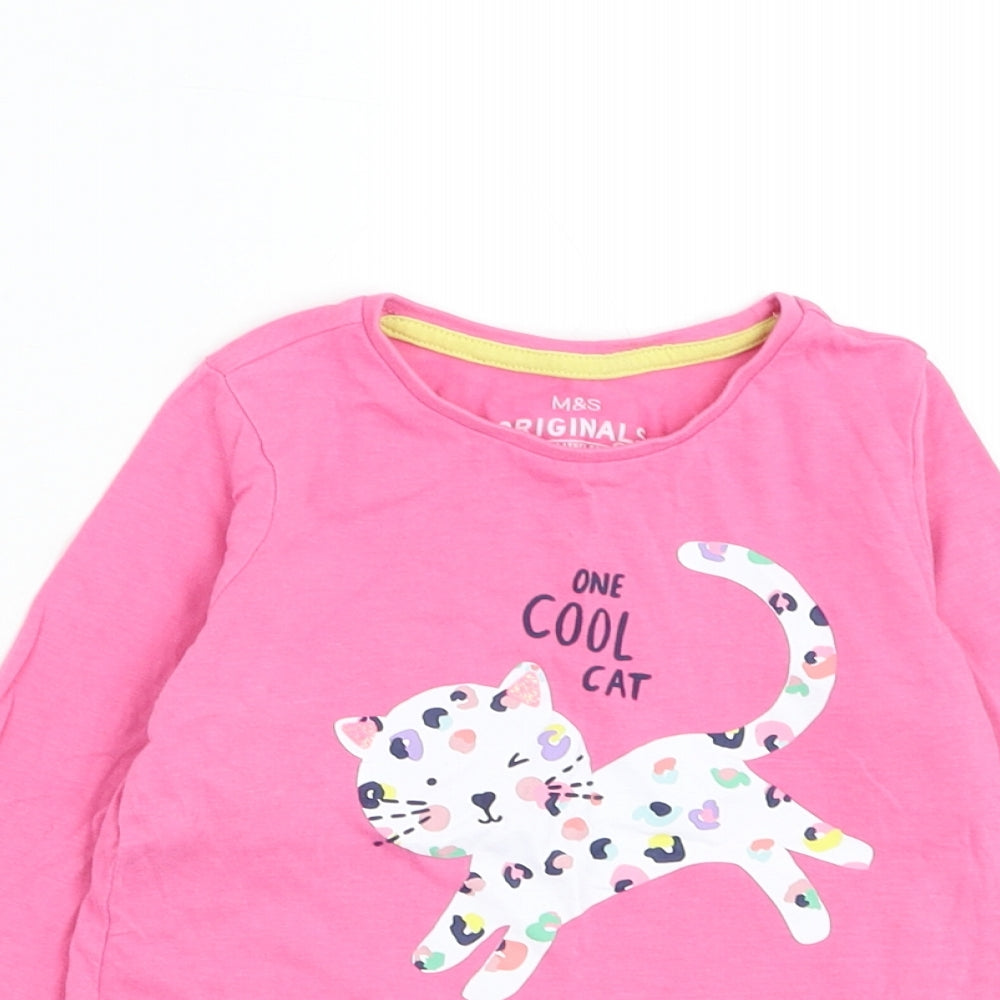 Marks and Spencer Girls Pink Cotton Basic T-Shirt Size 3-4 Years Round Neck Pullover - Cat