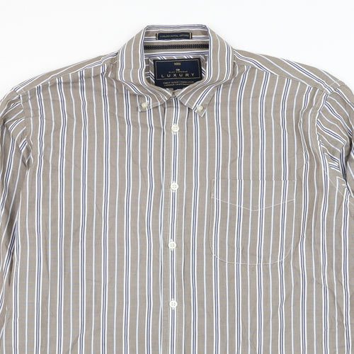 Marks and Spencer Mens Brown Striped Cotton Dress Shirt Size L Collared Button