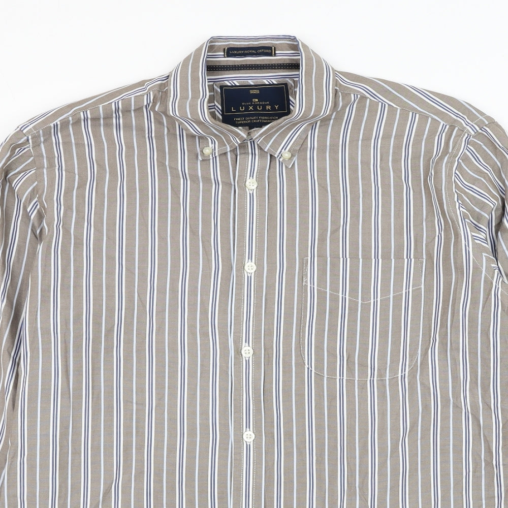 Marks and Spencer Mens Brown Striped Cotton Dress Shirt Size L Collared Button