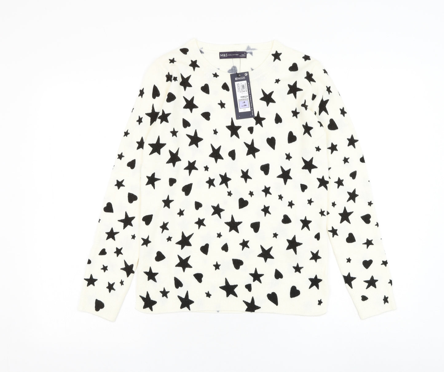 Marks and Spencer Womens White Round Neck Acrylic Pullover Jumper Size 8 - Star, Heart
