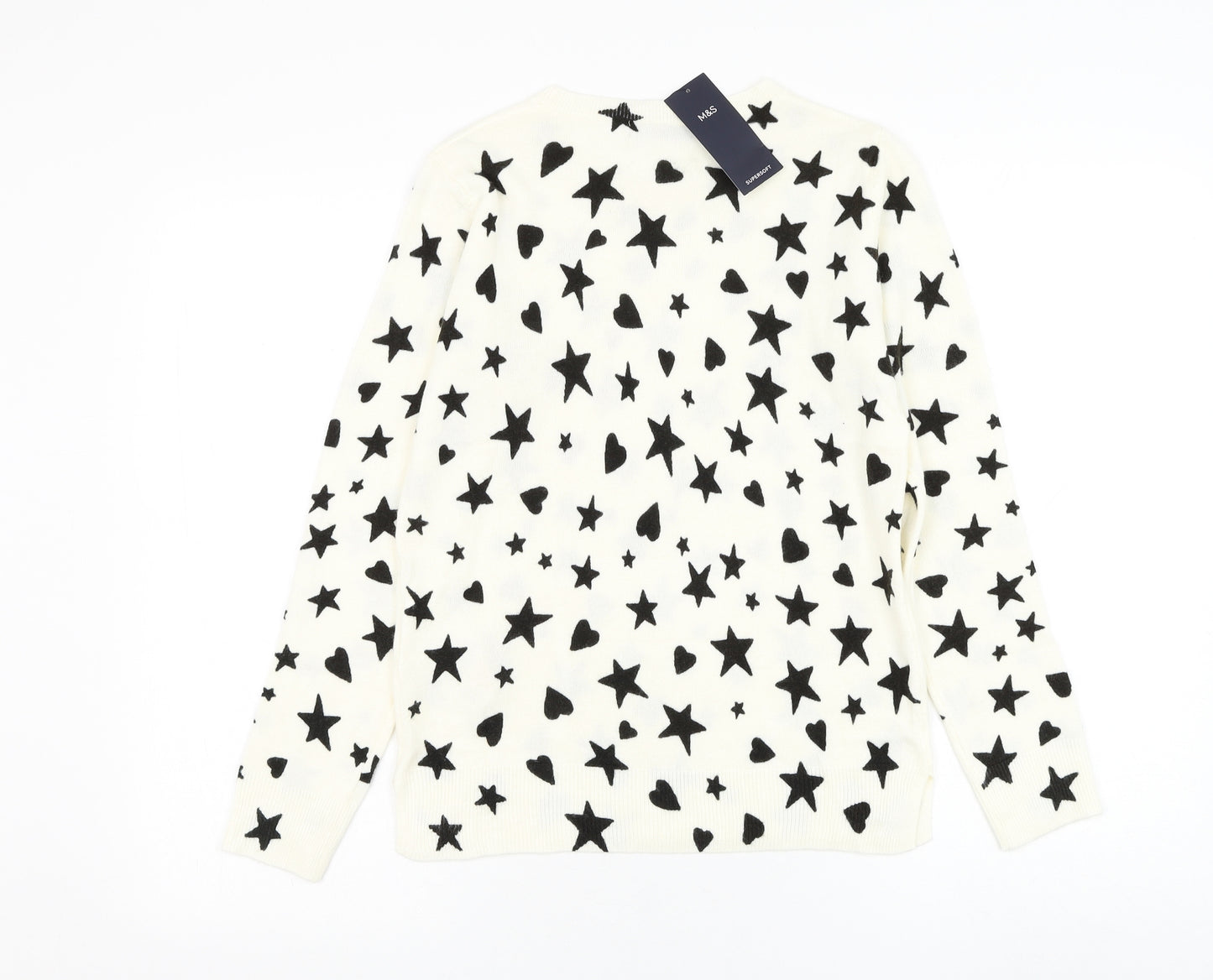 Marks and Spencer Womens White Round Neck Acrylic Pullover Jumper Size 8 - Star, Heart