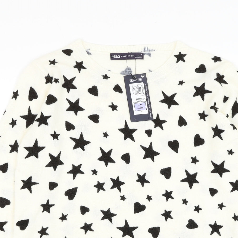 Marks and Spencer Womens White Round Neck Acrylic Pullover Jumper Size 8 - Star, Heart