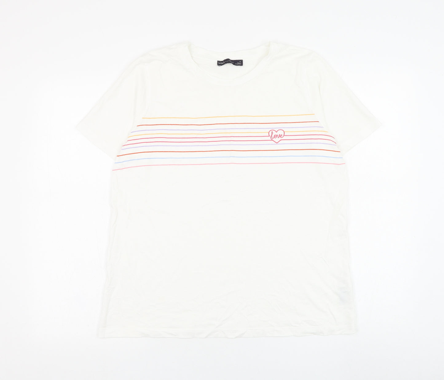 Marks and Spencer Womens White Striped Cotton Basic T-Shirt Size 14 Round Neck