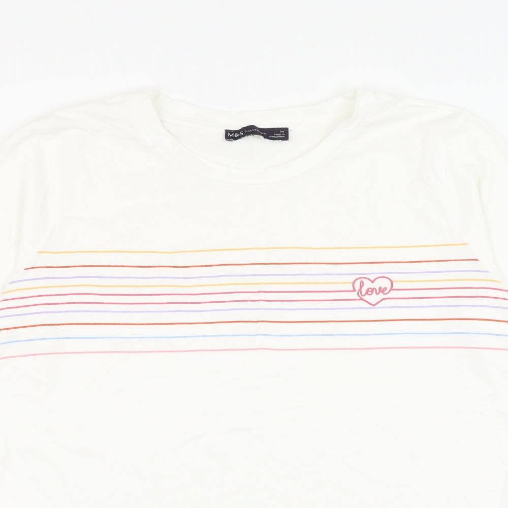 Marks and Spencer Womens White Striped Cotton Basic T-Shirt Size 14 Round Neck