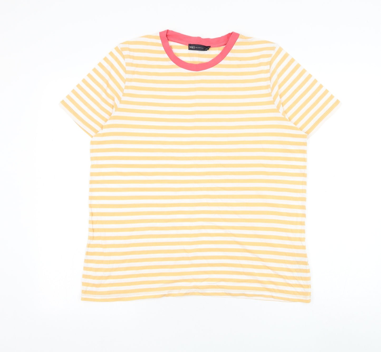 Marks and Spencer Womens Yellow Striped Cotton Basic T-Shirt Size 14 Round Neck