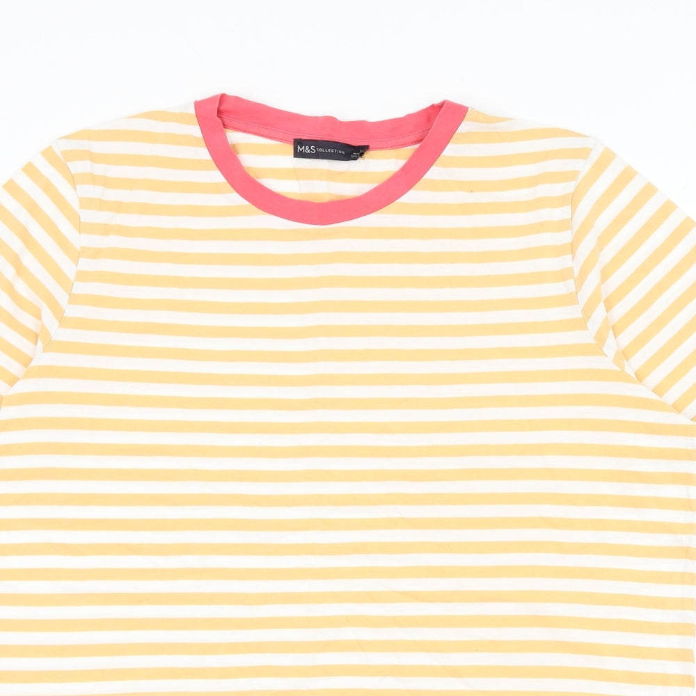 Marks and Spencer Womens Yellow Striped Cotton Basic T-Shirt Size 14 Round Neck