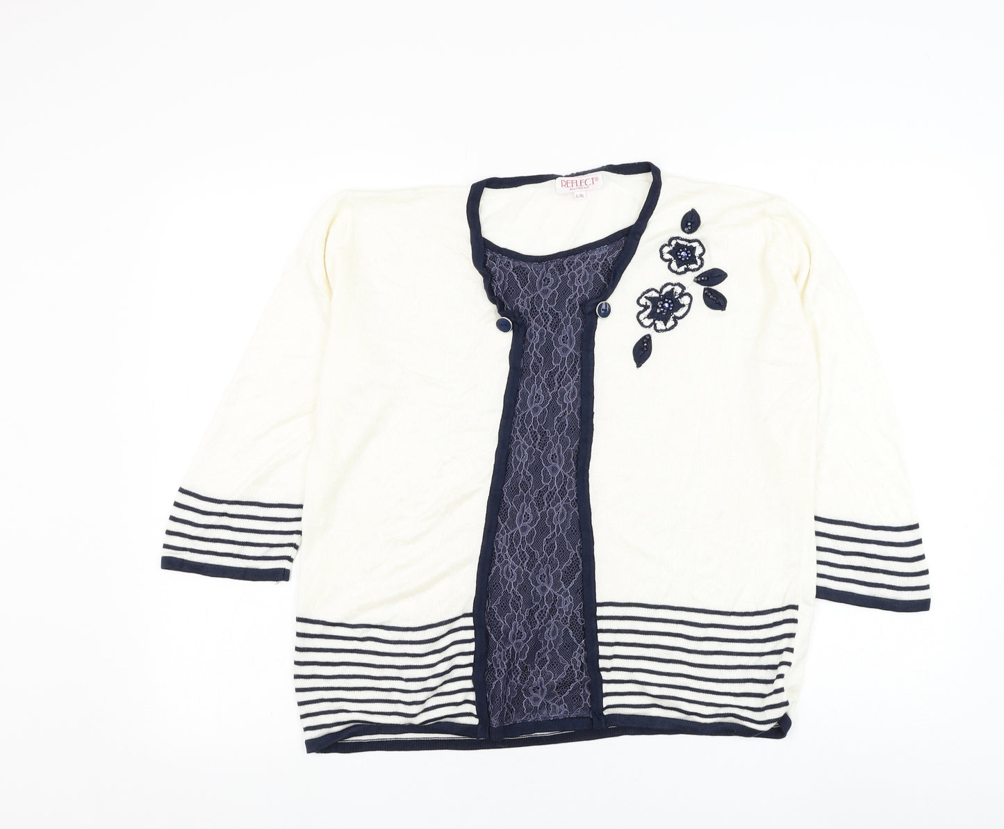 Reflect Womens White Round Neck Acrylic Pullover Jumper Size L - Flower
