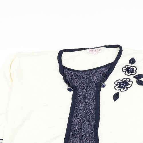 Reflect Womens White Round Neck Acrylic Pullover Jumper Size L - Flower
