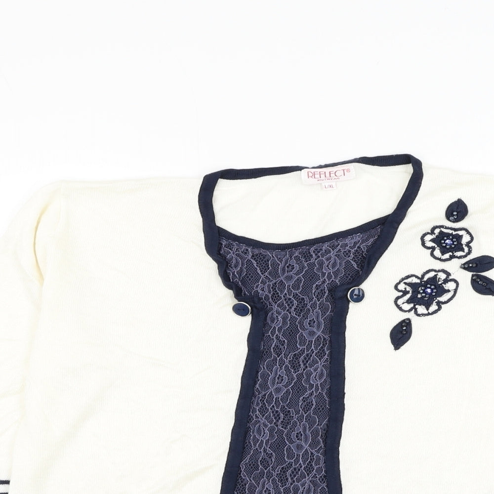 Reflect Womens White Round Neck Acrylic Pullover Jumper Size L - Flower