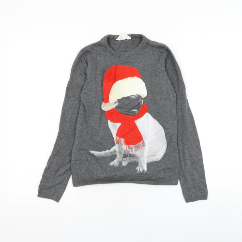 H&M Girls Grey Round Neck Cotton Pullover Jumper Size 9-10 Years Pullover - Christmas