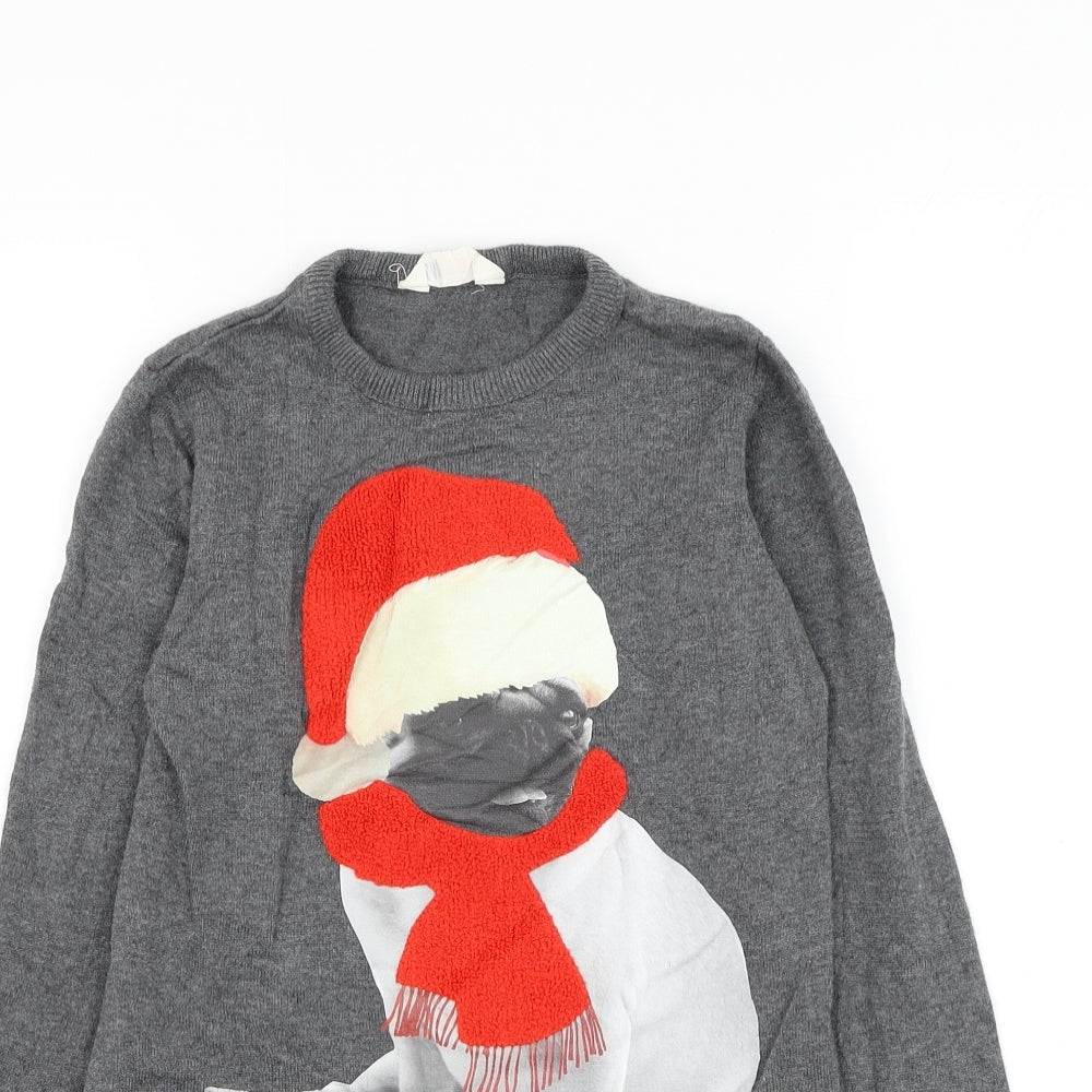 H&M Girls Grey Round Neck Cotton Pullover Jumper Size 9-10 Years Pullover - Christmas