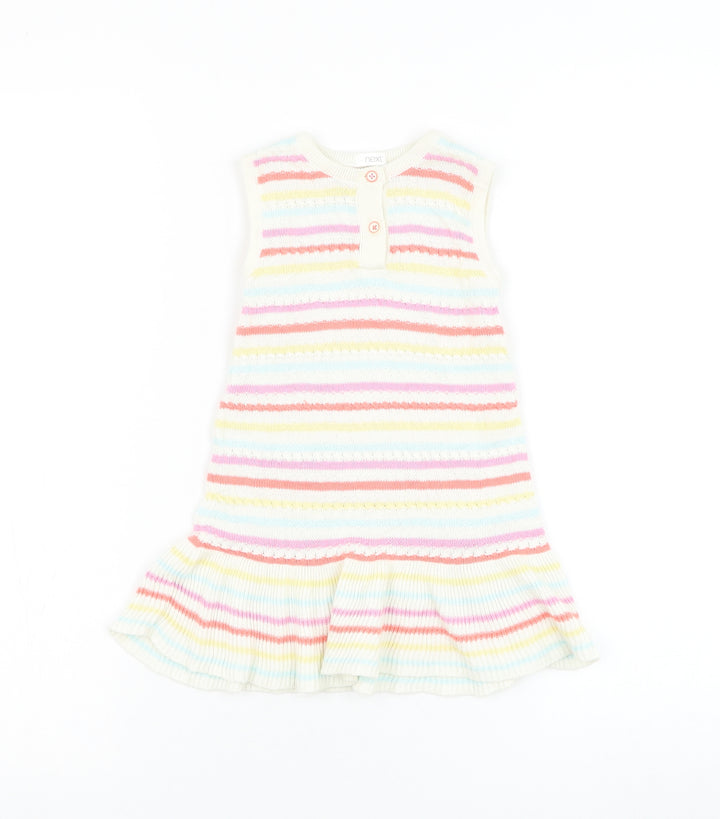 NEXT Girls White Striped Cotton Jumper Dress Size 12-18 Months Round Neck Pullover
