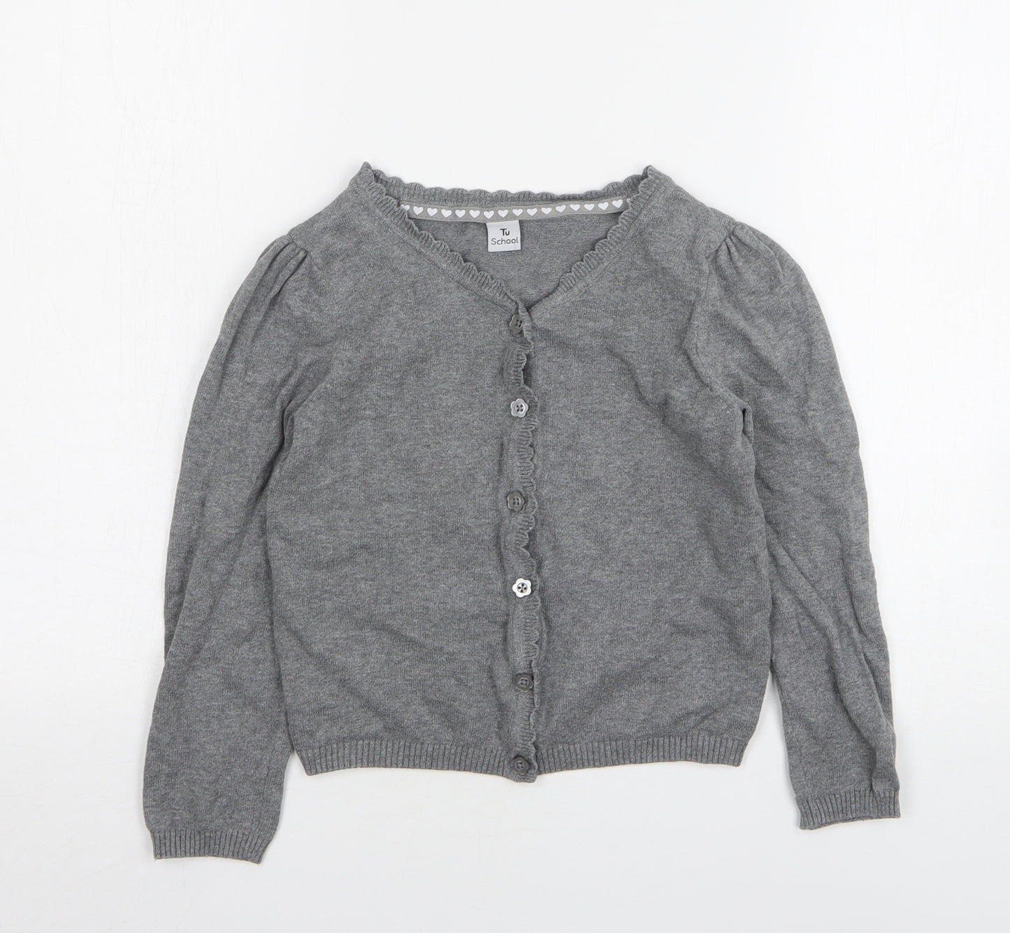 TU Girls Grey Round Neck Cotton Cardigan Jumper Size 8 Years