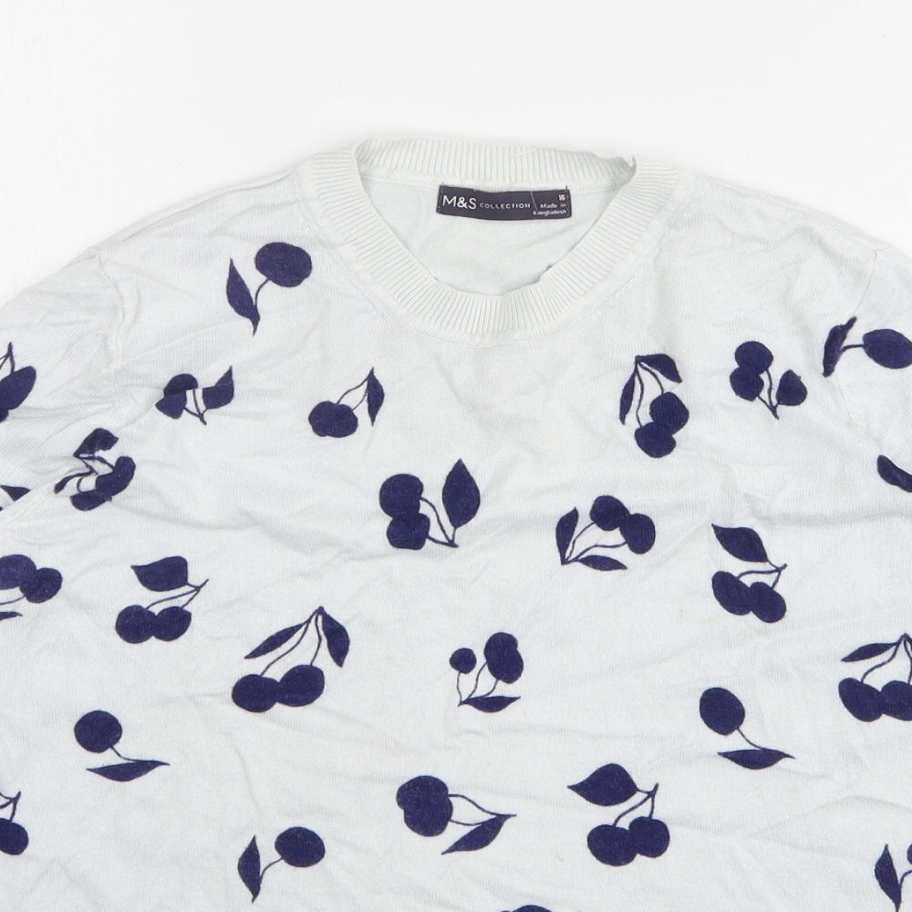 Marks and Spencer Womens Blue Round Neck Floral Viscose Pullover Jumper Size 16