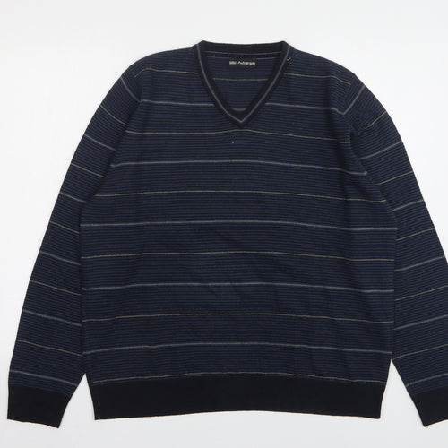 Autograph Womens Blue V-Neck Striped Acrylic Pullover Jumper Size L