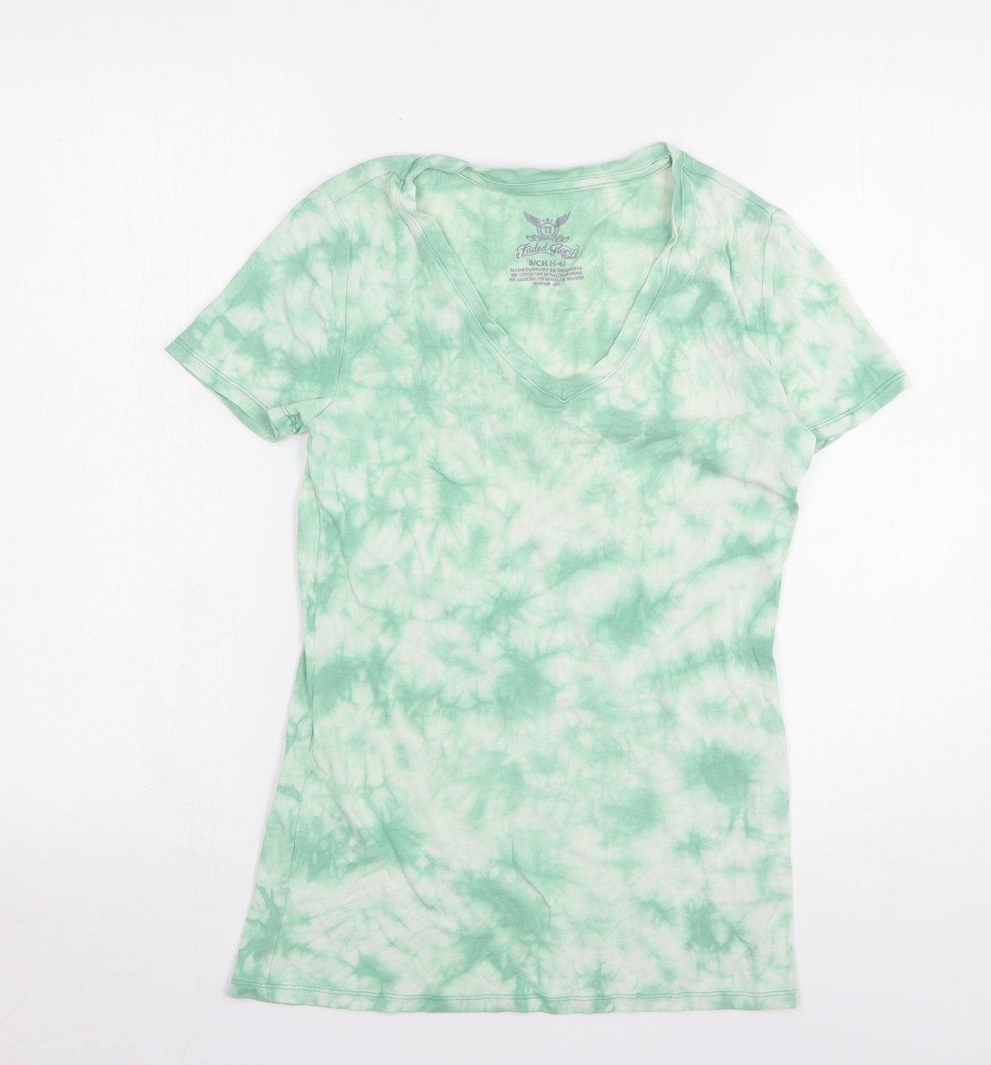 Faded Glory Womens Green Geometric Cotton Basic T-Shirt Size 4 V-Neck