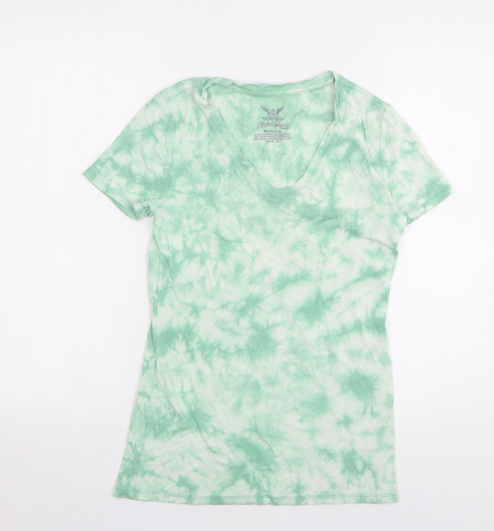 Faded Glory Womens Green Geometric Cotton Basic T-Shirt Size 4 V-Neck
