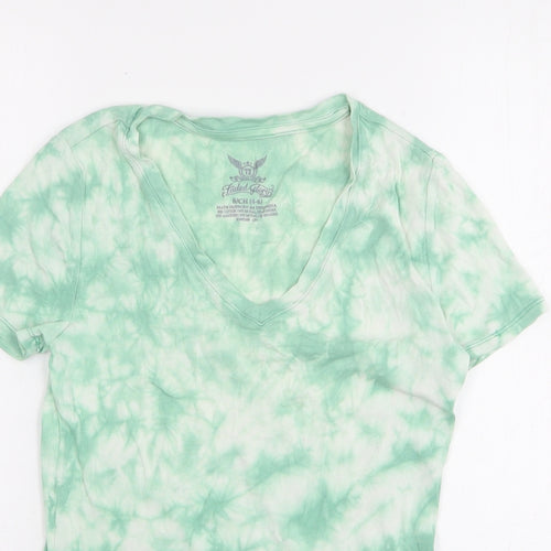 Faded Glory Womens Green Geometric Cotton Basic T-Shirt Size 4 V-Neck