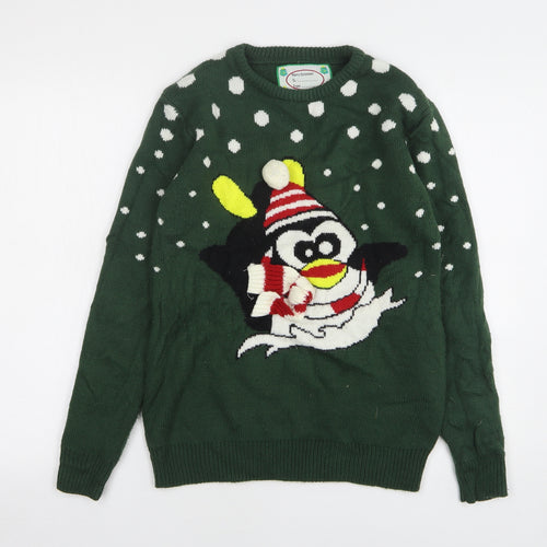 Cedar Wood State Mens Green Round Neck Polka Dot Polyester Pullover Jumper Size S - Christmas