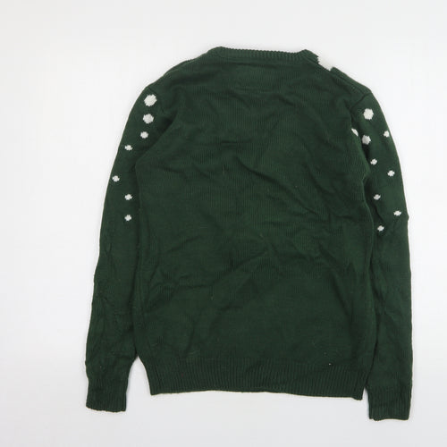 Cedar Wood State Mens Green Round Neck Polka Dot Polyester Pullover Jumper Size S - Christmas