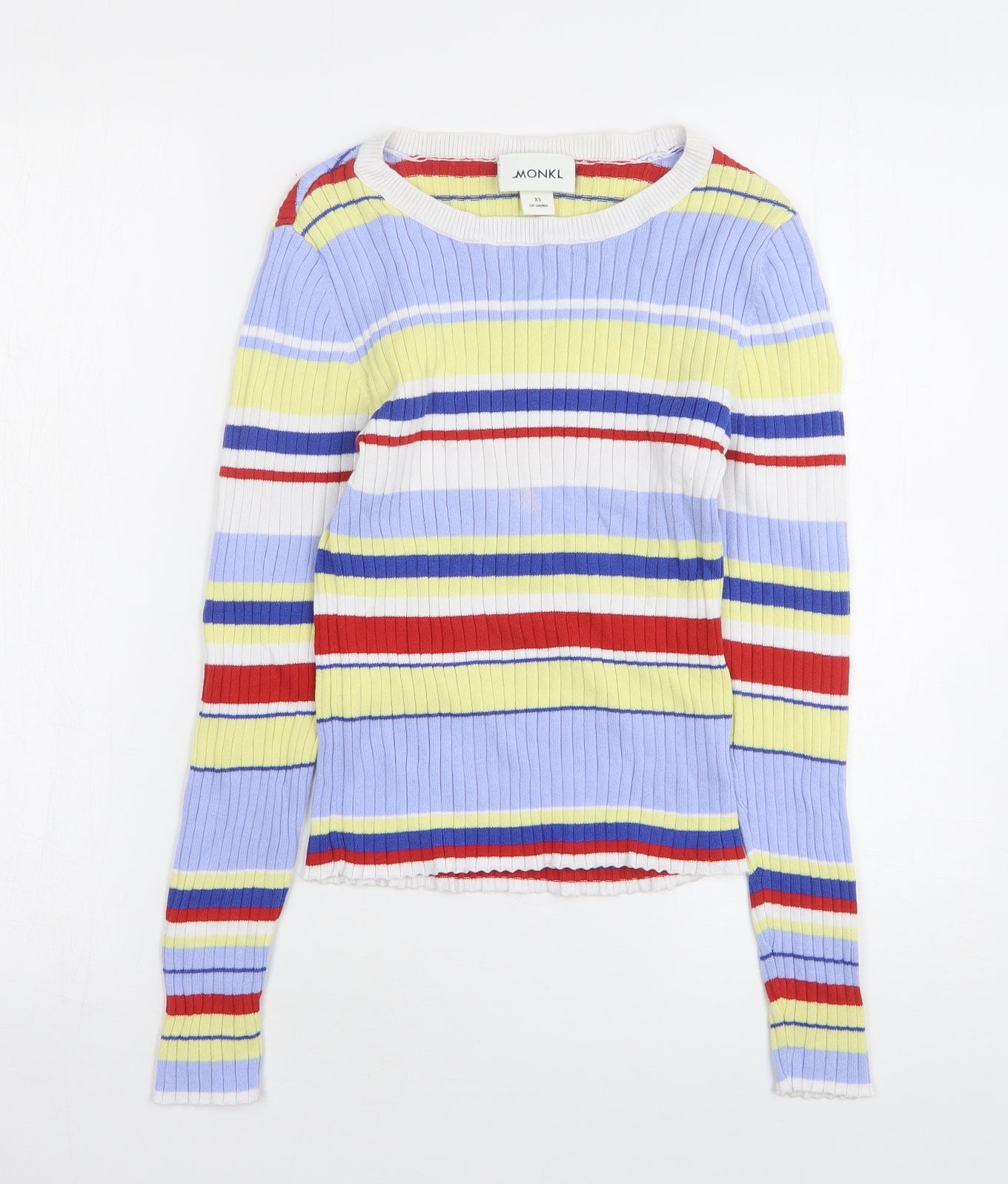 Monkl Womens Multicoloured Round Neck Striped Cotton Pullover Jumper Size XS