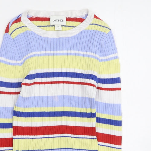 Monkl Womens Multicoloured Round Neck Striped Cotton Pullover Jumper Size XS