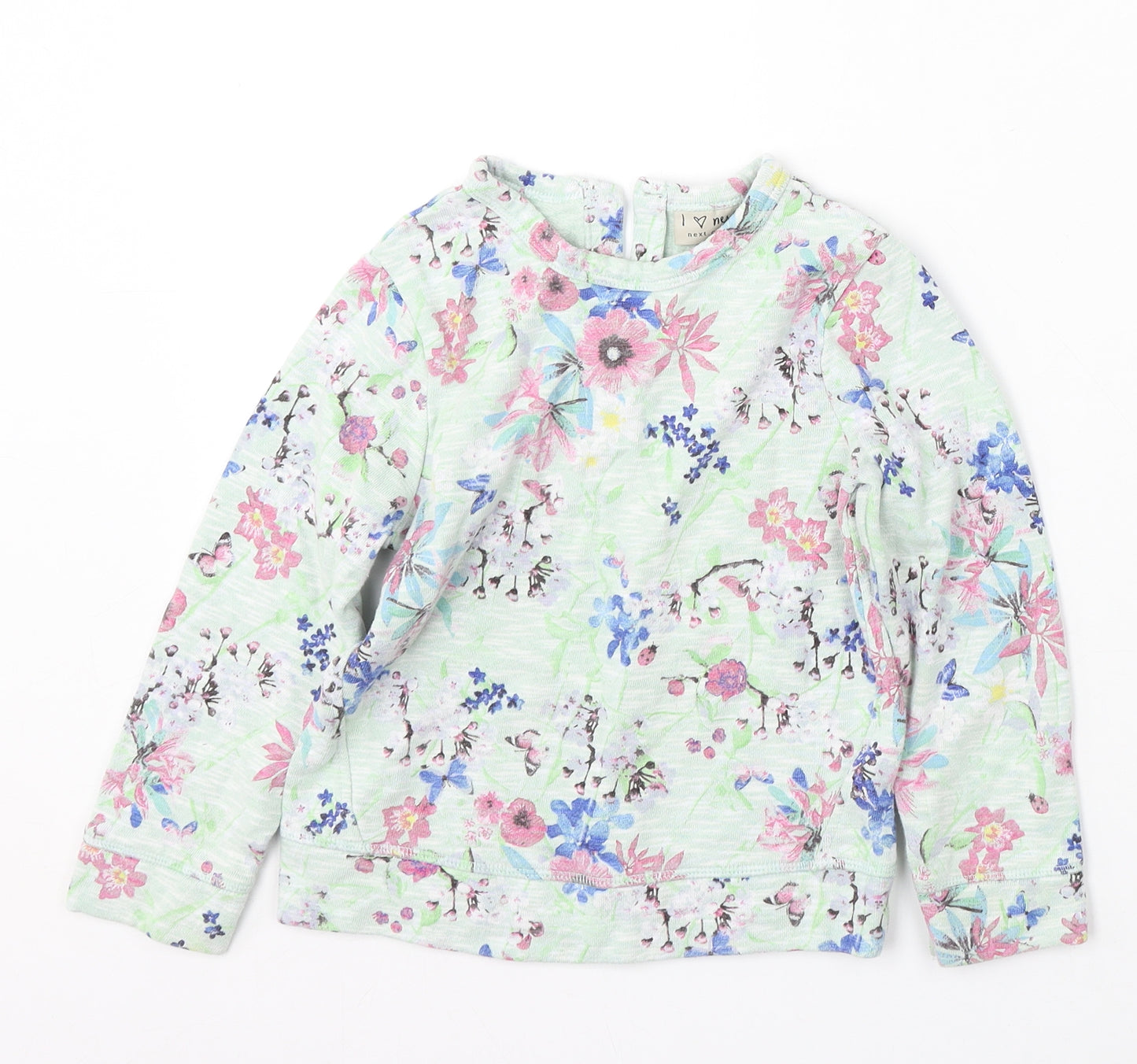 NEXT Girls Green Round Neck Floral Cotton Pullover Jumper Size 5-6 Years