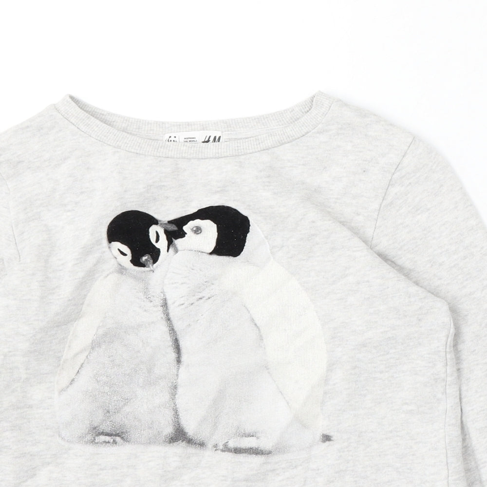 H&M Girls Grey Cotton Pullover Sweatshirt Size 8-9 Years - Penguins