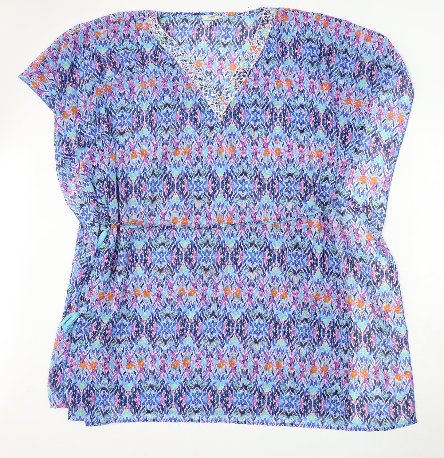Papaya Womens Blue V-Neck Geometric Polyester Wrap Jumper Size XL