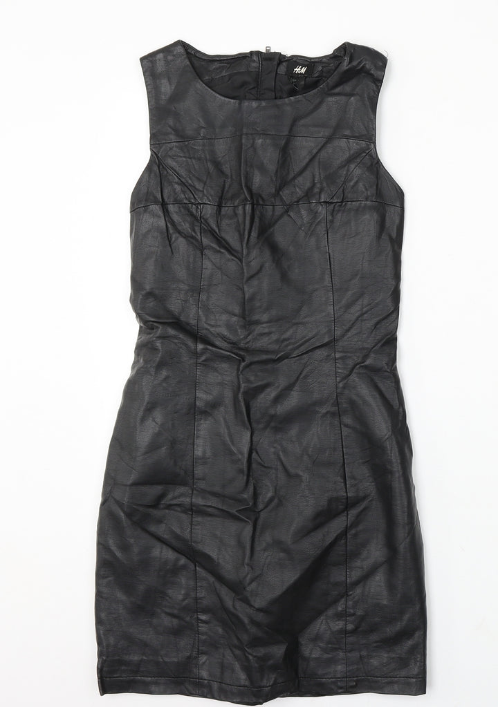 H&M Womens Black Polyurethane Pencil Dress Size 6 Round Neck