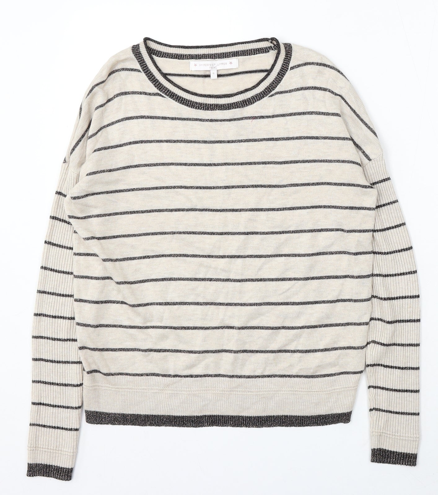NEXT Womens Beige Round Neck Striped Viscose Pullover Jumper Size 6