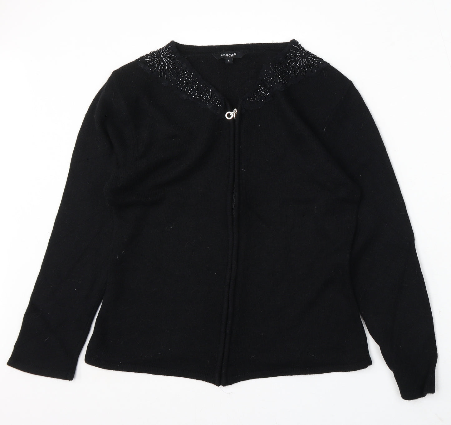 Image Womens Black Round Neck Acrylic Cardigan Jumper Size L