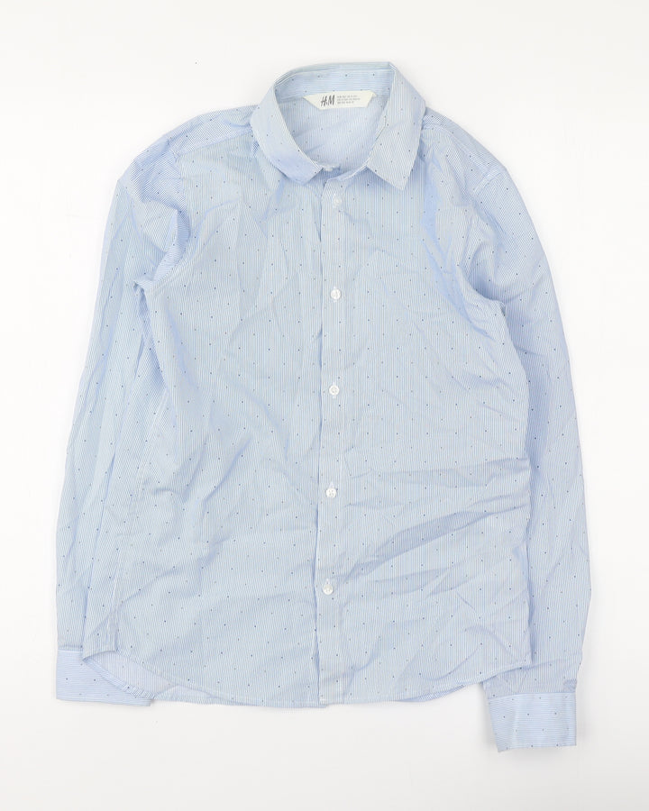 H&M Boys Blue Striped Polyester Basic Button-Up Size 11-12 Years Collared