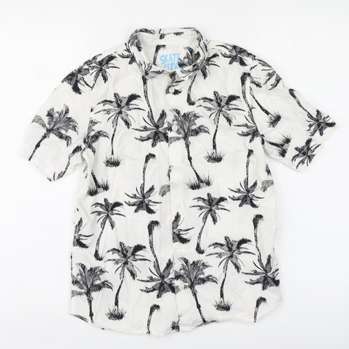 F&F Boys White Geometric Cotton Basic Button-Up Size 10-11 Years Collared