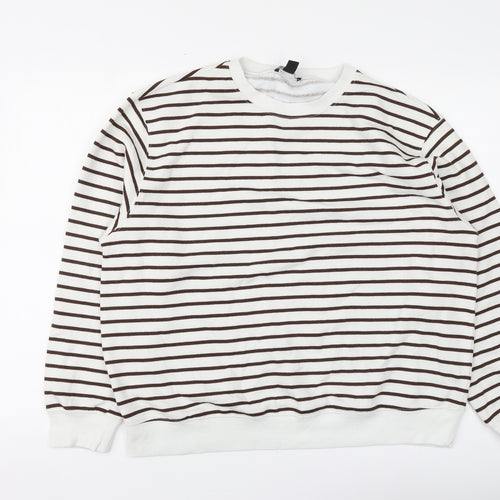 New Look Womens White Striped Cotton Pullover Hoodie Size L