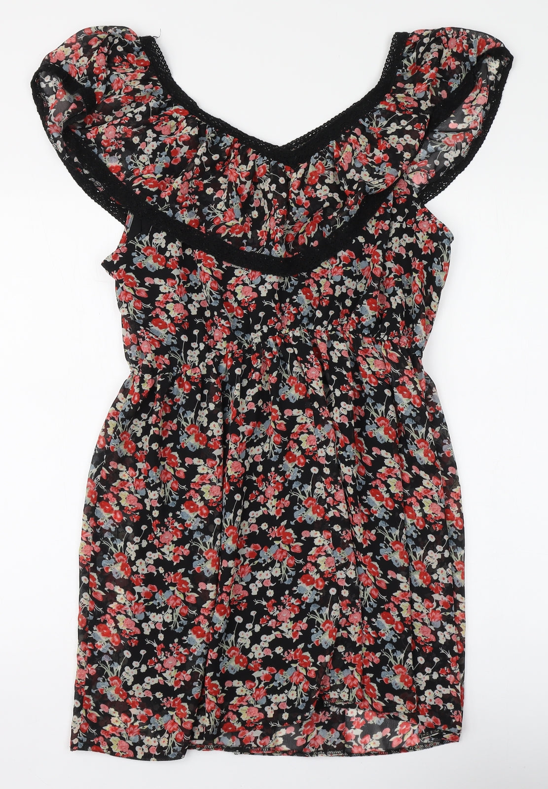 Red Herring Womens Black Floral Polyester Skater Dress Size 18 V-Neck